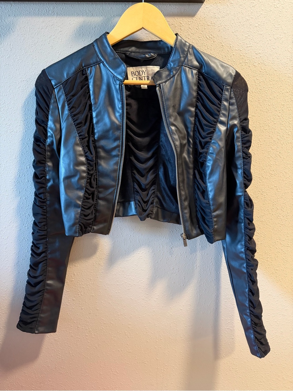 Body Central Black Faux Leather Ruched Cropped Jacket - Picture 2 of 4